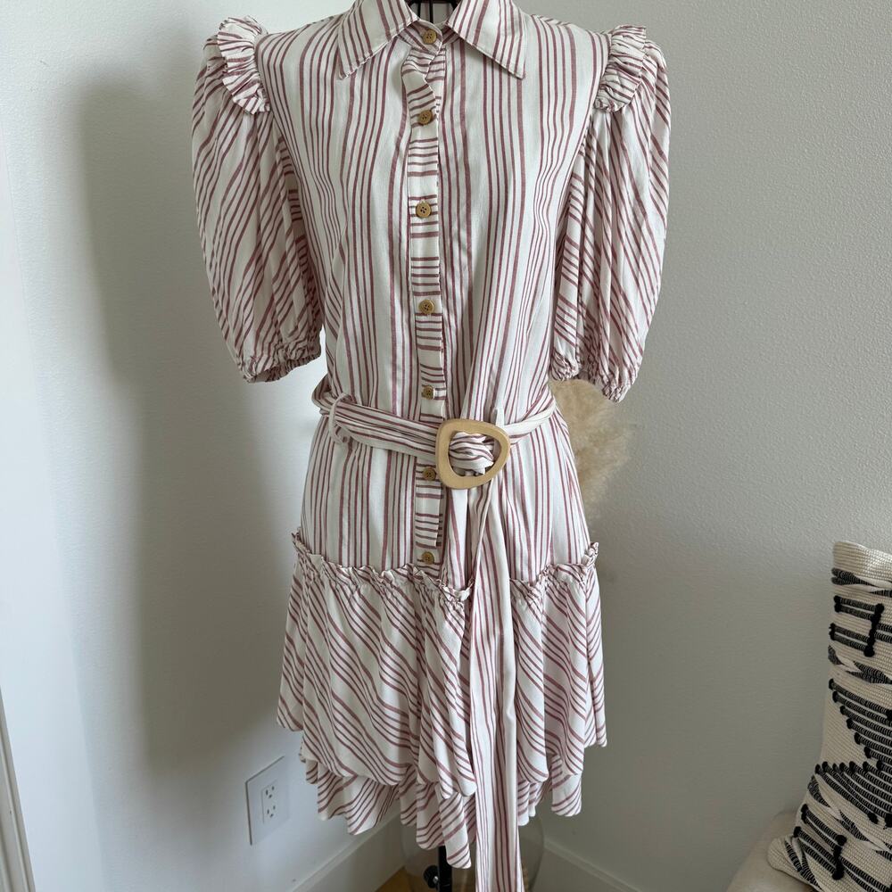 Cristina Sabatini White Red Striped Puff Sleeve Mini Dress Bamboo Buckle Belt